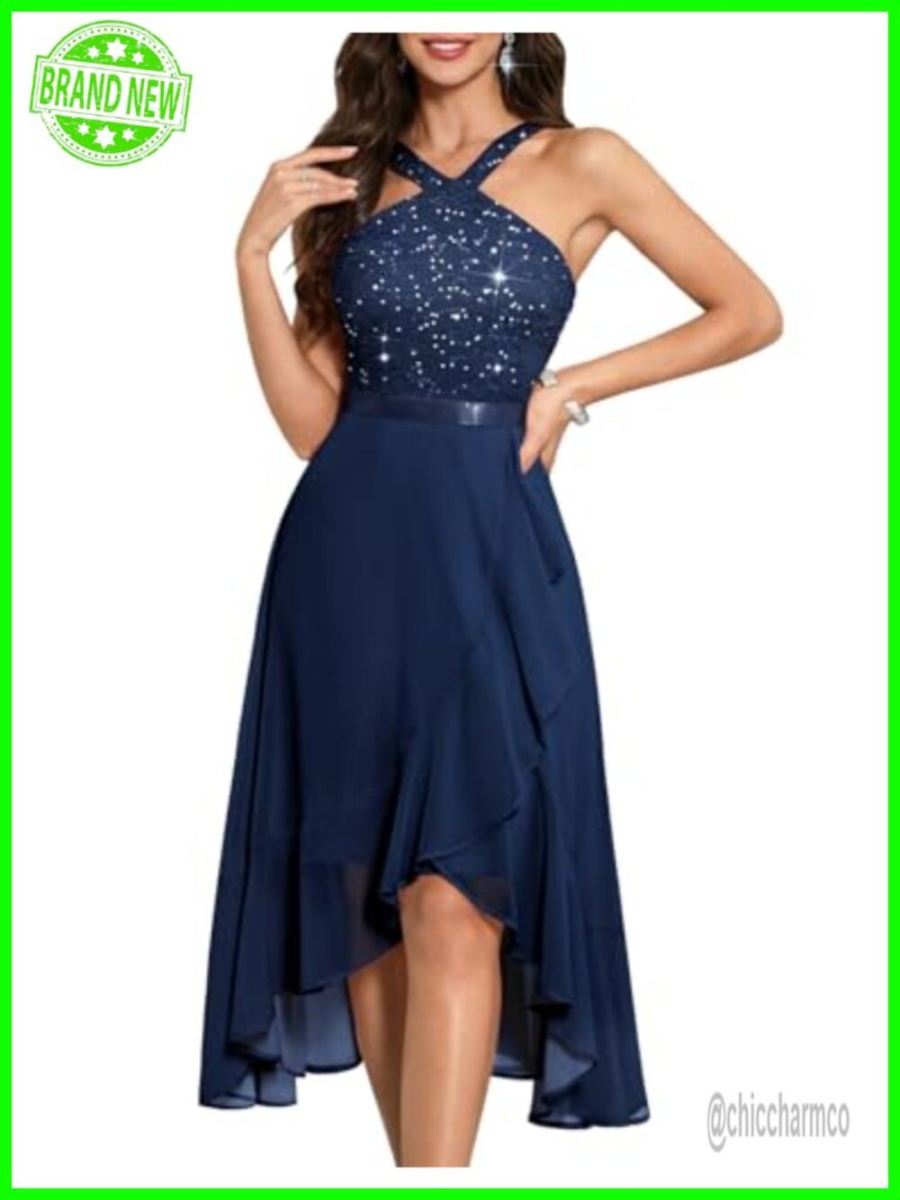 Sequin Halter Hi-Lo Formal Cocktail Prom Chiffon Dress